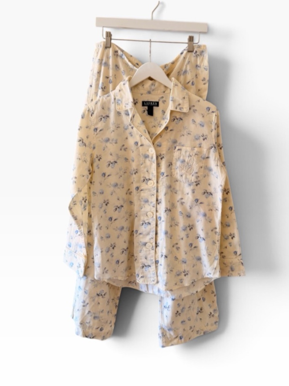 Lauren Ralph Lauren Floral Blue Yellow Embroidered logo pajama Set Sz M
